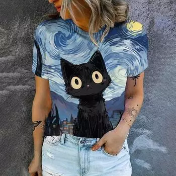 Элегантная повседневная свободная женская футболка, летняя мода, новый топ с круглым вырезом и коротким рукавом, с принтом кошки, простая высококачественная футболка XXS
