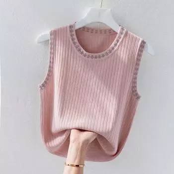 Элегантная повседневная женская блузка без рукавов, жилет, модная летняя трикотажная рубашка из ледяного шелка, женские тонкие однотонные вязаные топы на бретелях с круглым вырезом 25007 One Size абрикосовый