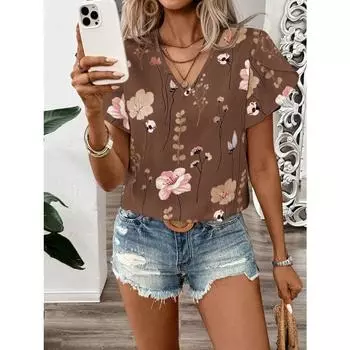 Элегантная повседневная женская рубашка Летняя рубашка с V-образным вырезом и принтом, с оборками на рукавах 2XS