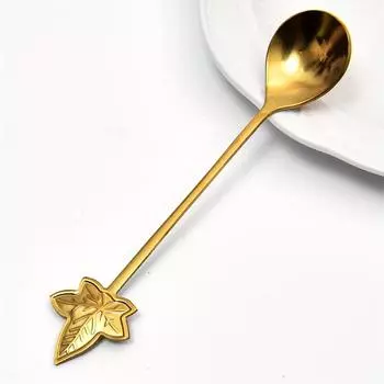 Элегантная позолоченная ложка в форме листа: Идеально подходит для размешивания кофе или подачи десертов - Материал: нержавеющая сталь 1pc