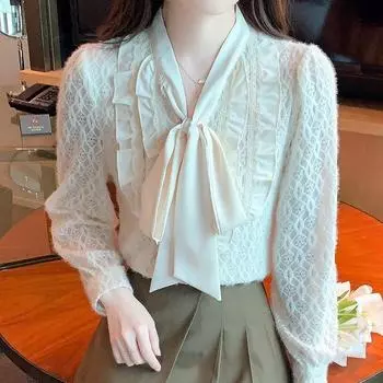 Элегантная приталенная кружевная рубашка больших размеров для женщин, модный новый галстук-бабочка с рюшами, повседневная свободная блузка, женские топы, простые офисные женские блузки 24455 S абрикосовый