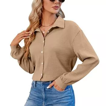 Элегантная простая офисная рубашка с длинным рукавом на пуговицах 2023, однотонная женская мятая блузка, женские винтажные свободные повседневные топы 28496 S хаки