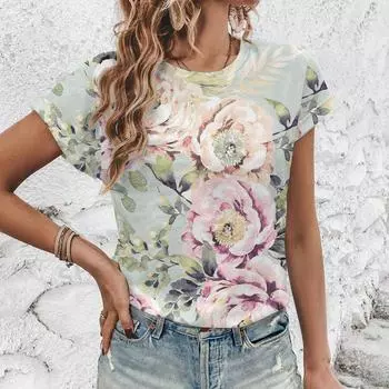 Элегантная простая свободная женская футболка, летняя дышащая удобная футболка с круглым вырезом, модная винтажная футболка с цветочным принтом XXS