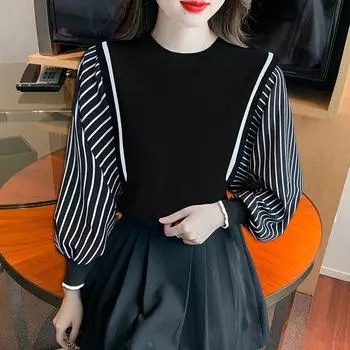 Элегантная простая трикотажная рубашка в полоску с круглым вырезом 2023, модная повседневная блузка с длинным рукавом, женские свободные осенние топы 29052 S чёрный