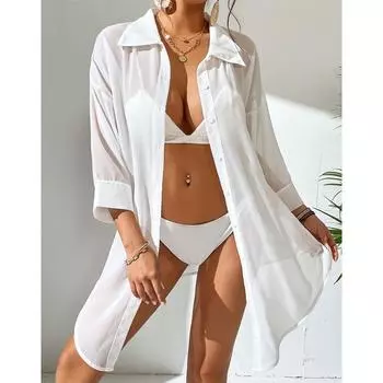 Элегантная прозрачная пляжная сексуальная блузка, модная новая белая шифоновая рубашка больших размеров, женская повседневная свободная пляжная солнцезащитная рубашка, женские топы 24731 S белый