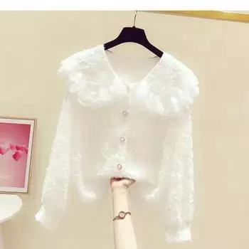Элегантная пушистая рубашка с кружевной отделкой и большим воротником для женщин на осень и зиму S белый