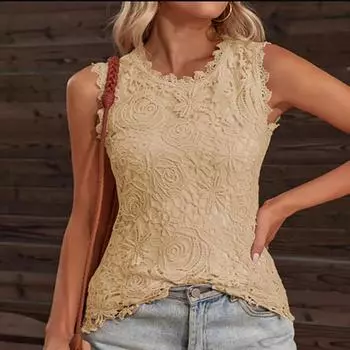 Элегантная рубашка без рукавов с кружевной вышивкой для женщин, лето 2022, модная одежда, повседневная блузка для женщин, облегающие топы с круглым вырезом, Mujer 25946 S абрикосовый