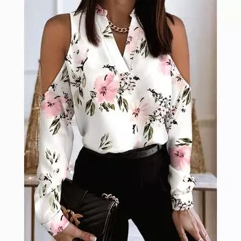 Элегантная рубашка с открытыми плечами и длинными рукавами с принтом, женские топы, винтажная свободная блузка с цветочным принтом, женские повседневные офисные рубашки с v-образным вырезом 24097 S
