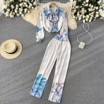 Элегантная рубашка с принтом богини, повседневные брюки, женские весенние 2022, новый легкий знакомый универсальный модный костюм