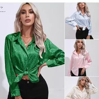 Элегантная шелковая повседневная рубашка с леопардовым принтом, свободная атласная блузка с длинным рукавом, женские модные офисные топы на пуговицах S зелёный