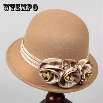 Элегантная шерстяная шляпа с круглым верхом и британским цветком для женщин, фетровая шляпа с закругленными полями, идеально подходит для осени и зимы, придает стильный и элегантный вид one size белый