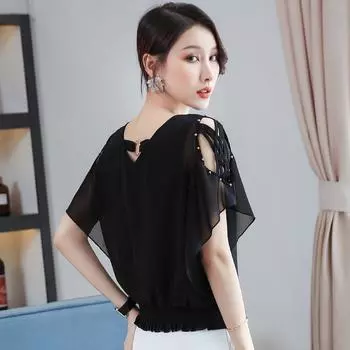 Элегантная шифоновая блузка для больших размеров – модный и удобный топ L чёрный