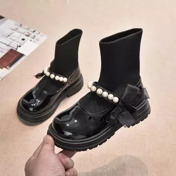 Элегантная шикарная детская обувь, ботинки для девочек, милые универсальные повседневные носки принцессы, ботинки, модные детские ботильоны с кружевным бантом 26 чёрный