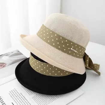Элегантная соломенная шляпа Outdoor 2025 с загнутыми краями и большими карнизами, черная и белая в горошек, длинная шляпа от солнца, женская дорожная шляпа от солнца Tide M56-58cm чёрный