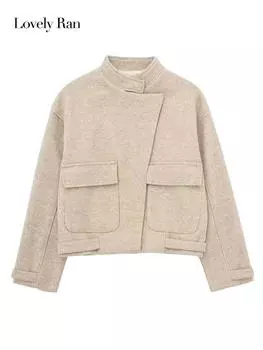 Элегантная стеганая куртка для женщин, шерстяное однотонное теплое женское пальто с длинным рукавом и воротником-стойкой, шикарное свободное женское уличное пальто с карманами XS хаки