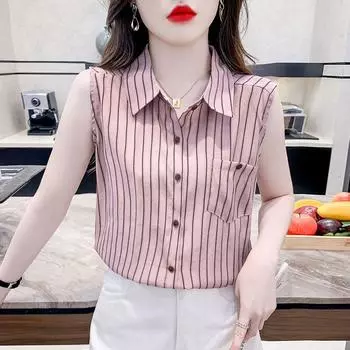 Элегантная свободная полосатая блузка без рукавов с воротником поло, женская одежда, новая летняя повседневная рубашка на пуговицах S розовый