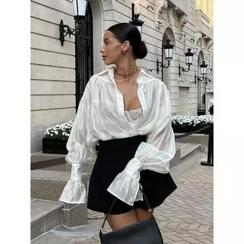 Элегантная свободная розовая рубашка для офиса, женская блузка с длинным рукавом и пуговицами, осенняя мода, однотонный топ для женщин S белый