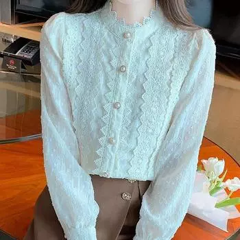 Элегантная свободная шифоновая кружевная рубашка с длинным рукавом, женская шикарная красивая винтажная повседневная блузка, женские простые облегающие офисные женские рубашки, топы 24188 S белый