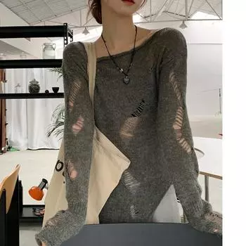 Элегантная свободная женская солнцезащитная блузка на раннюю весну с длинными рукавами и отверстиями, закрывающими снаружи тонкий прозрачный трикотажный пуловер, длинный топ S белый