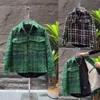 Элегантная теплая стеганая куртка в клетку, мужская уличная корейская парка, модная универсальная свободная утолщенная рубашка с лацканами, мужская одежда XXXL чёрный