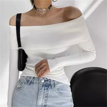 Элегантная трикотажная футболка с длинным рукавом и открытыми плечами, женская однотонная трикотажная футболка, сексуальная модная одежда Y2k, осенний топ M чёрный