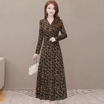 Элегантная юбка большого размера с длинным рукавом на весну/осень с карманами для женщин 3XL абрикосовый/цветочный