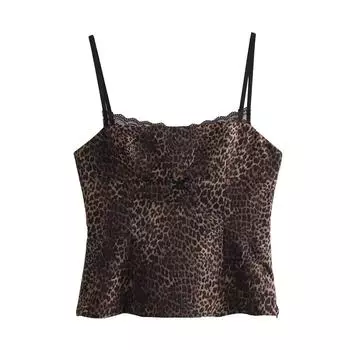 Элегантная уличная одежда с леопардовым принтом, женские майки с открытыми плечами, без рукавов, ретро короткий жилет, женский сексуальный топ на бретельках с открытой спиной, новинка S чёрный