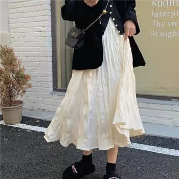 Элегантная универсальная плиссированная юбка женская мода однотонные свободные плиссированные юбки А-силуэта повседневная эластичная юбка на талии женская одежда 25930 One Size абрикосовый