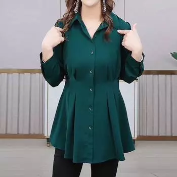 Элегантная винтажная весенняя блузка для женщин, облегающая рубашка высокого качества, большие размеры, контроль живота L зелёный