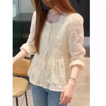 Элегантная вышитая рубашка с кружевным воротником для женщин, осенняя мода свободного и приталенного кроя S белый