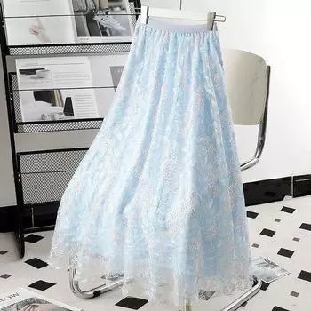 Элегантная вышитая сетчатая юбка женская летняя цветочная юбка миди новый дизайн M розовый