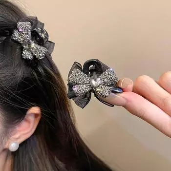 Элегантная высококачественная заколка для волос с бриллиантовым бантом F1348 чёрный