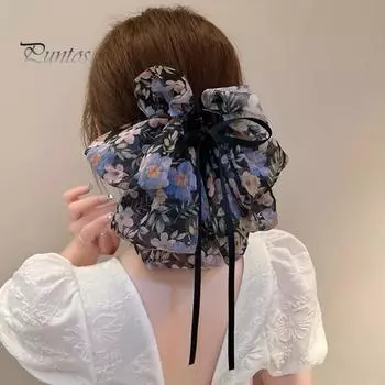 Элегантная заколка для волос с милым цветочным принтом, большой декор в виде банта, коготь для волос, хвостик для девочек, лента с крабами, нескользящие аксессуары для волос розовый