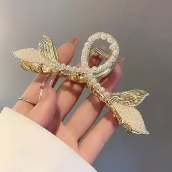 Элегантная заколка для волос в виде рыбьего хвоста, украшенная жемчугом, минималистская заколка в виде акулы из сплава для укладки волос, шикарный анималистичный дизайн жёлтый