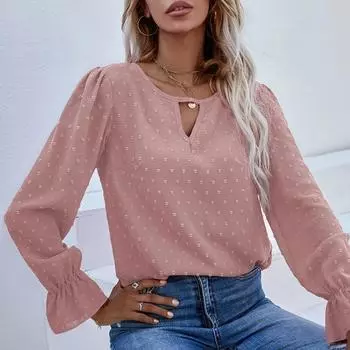 Элегантная жаккардовая блузка в горошек, женский топ с круглым вырезом и длинными рукавами, Mujer, весенние свободные полые кружевные шифоновые женские рубашки Blusas 24886 S орион