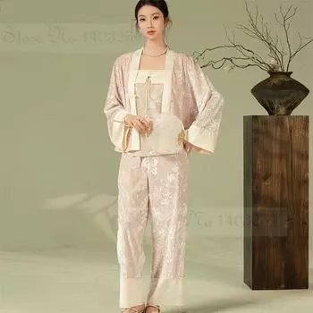 Элегантная жаккардовая пижама с бабочками, кардиган, брючные костюмы, новая бархатная пижама в китайском стиле, комплект из 3 предметов для женской домашней одежды M розовый
