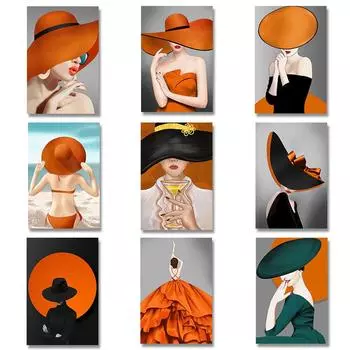 Элегантная женщина в шляпе, картина маслом, плакат с абстрактной фигурой, печать высокой четкости, роспись стен гостиной, украшение дома 21cm30cm NoFrame