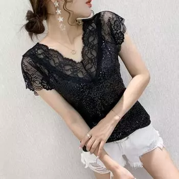 Элегантная женская блузка с блестками и v-образным вырезом, лето 2023, сексуальные кружевные марлевые лоскутные топы с короткими рукавами, тонкая черная футболка 14652 S чёрный
