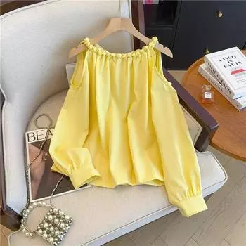 Элегантная женская блузка с открытыми плечами и длинным рукавом, весна-лето, женская новая плиссированная рубашка, женская новая мода, свободный повседневный простой топ 3131 One Size белый