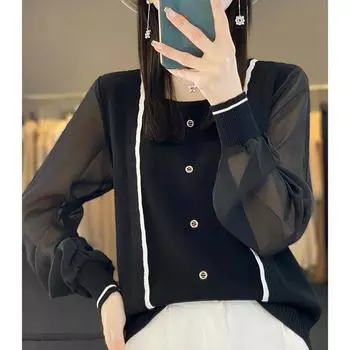 Элегантная женская блузка свободного кроя с длинным рукавом и О-образным вырезом с шифоновой отделкой One size чёрный