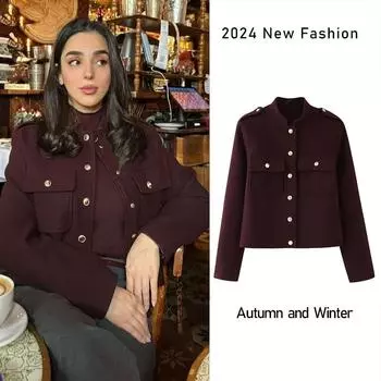 Элегантная женская бордовая куртка с винтажным воротником-стойкой, однобортное пальто с длинными рукавами и карманами, осенняя женская офисная верхняя одежда 2024 года, новинка XS бордовый
