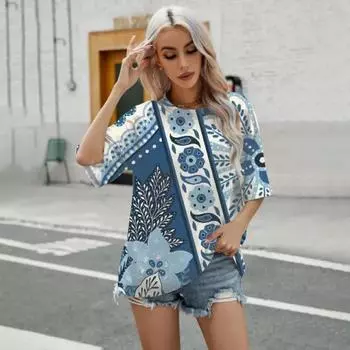 Элегантная женская футболка, модная футболка с цветочным узором и принтом, популярная женская футболка в стиле ретро с коротким рукавом, летняя футболка для отдыха S