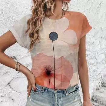 Элегантная женская футболка, модная футболка с цветочным узором и принтом, популярная женская футболка в стиле ретро с коротким рукавом, летняя футболка для отдыха S