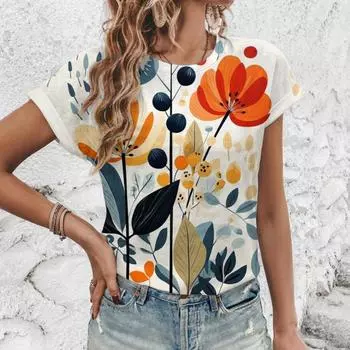 Элегантная женская футболка, модная футболка с художественным цветочным узором, женская футболка с короткими рукавами, летняя футболка для отдыха S