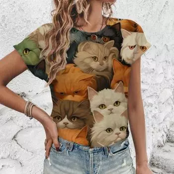 Элегантная женская футболка, модная футболка с рисунком кошек и принтом, летняя футболка для отдыха с короткими рукавами, женская футболка большого размера S