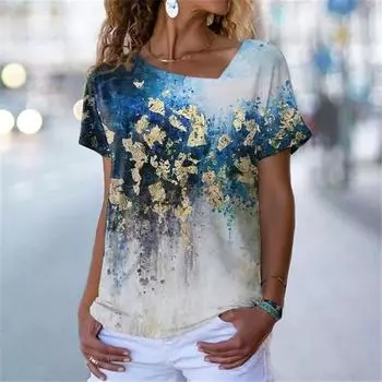 Элегантная женская футболка с 3D принтом, летние повседневные свободные футболки с коротким рукавом и диагональным воротником, женские топы, одежда L