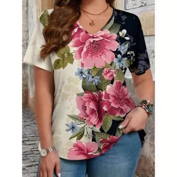 Элегантная женская футболка с цветочным принтом и V-образным вырезом больших размеров - мягкий повседневный топ с коротким рукавом и удобным кроем S