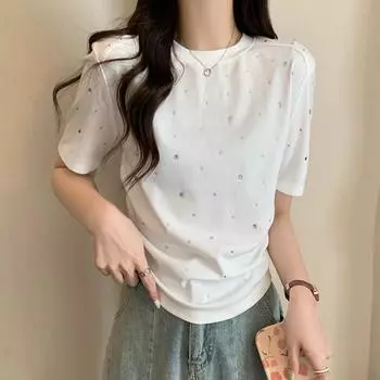 Элегантная женская футболка с коротким рукавом с белым бриллиантом, летние повседневные топы L белый