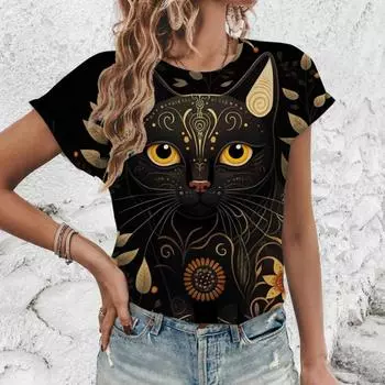 Элегантная женская футболка с модным принтом в виде кошек, популярная женская футболка с короткими рукавами, летняя футболка большого размера S