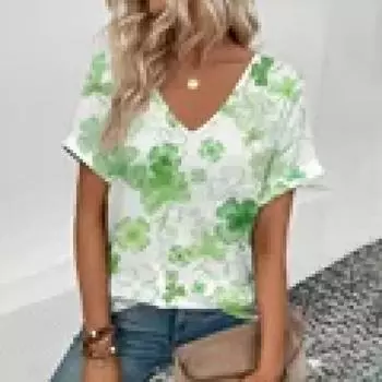 Элегантная женская футболка с v-образным вырезом, модная футболка с цветочным узором и принтом, популярная женская футболка с коротким рукавом, летняя футболка для отдыха S